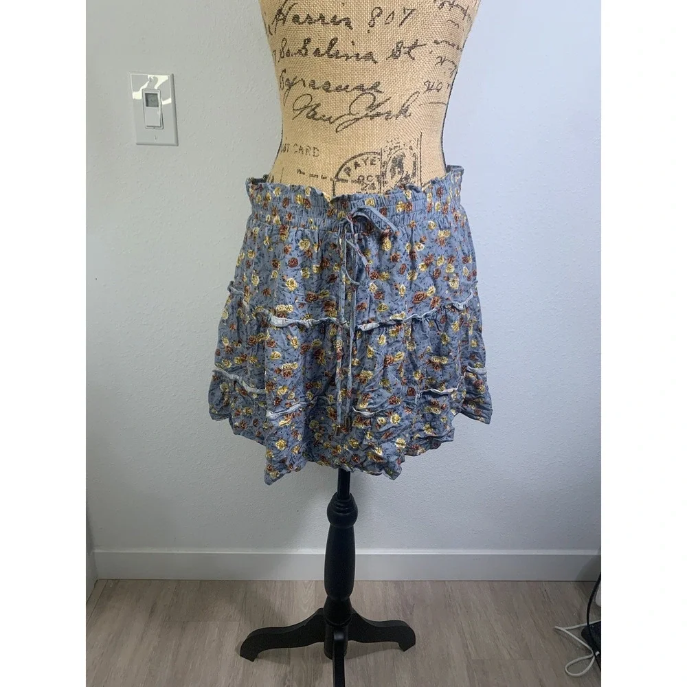 (B-68)Indigo Rein XL Floral Mini Skirt‎ Blue Tiered Boho Elastic Waist